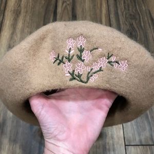 New Tan Floral Embroidered Beret